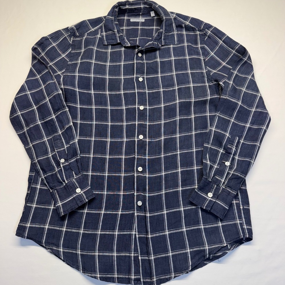 Match Point Linen Button Down Shirt S Navy Plaid Womens Oversized Coastal